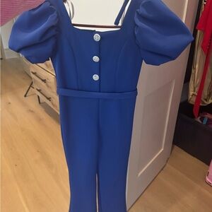 Girls Blue Puff-Sleeve One-Piece Jumpsuit